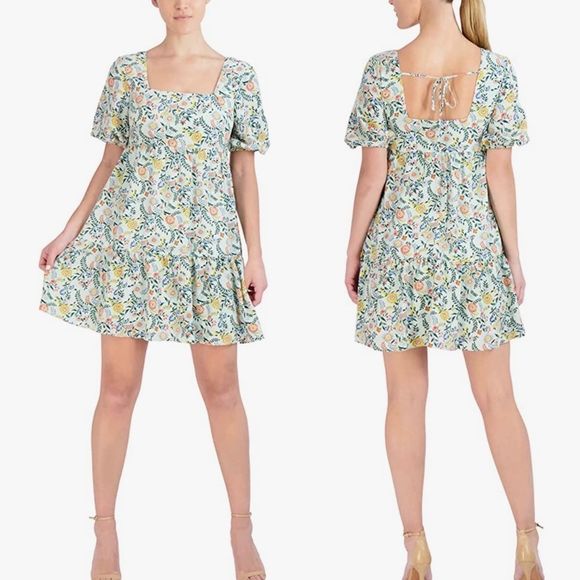 BCBGeneration NEW Fit and Flare Square Neck Green Floral Dress Size Small - Picture 1 of 14